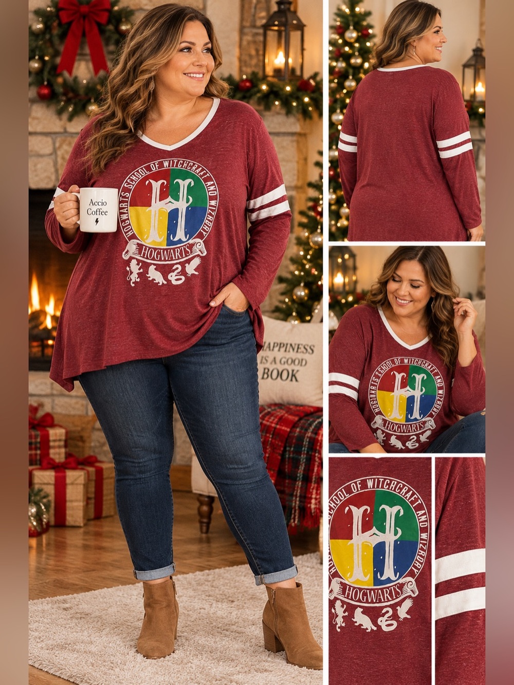 Harry Potter Hogwarts 3X (XXXG) Burgundy Long Sleeve V-Neck Top